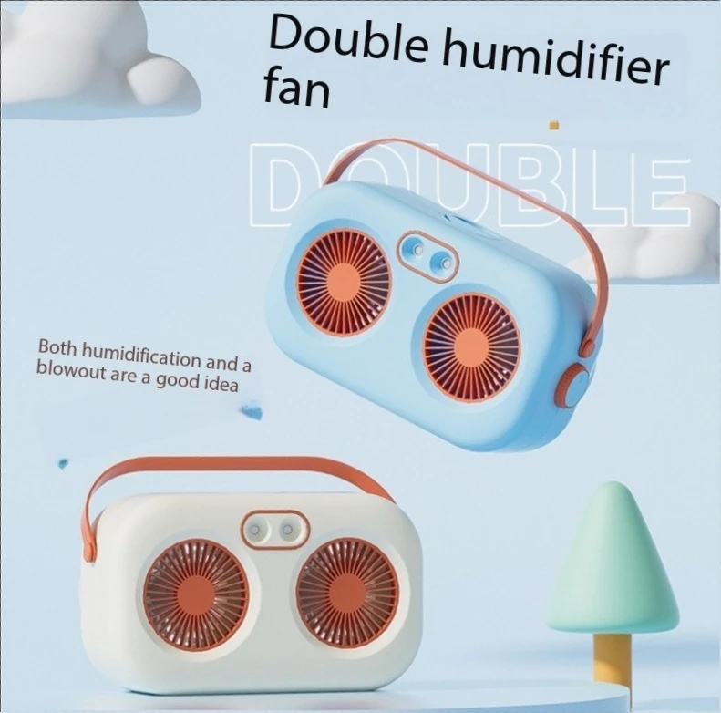 Neuer, kreativer und niedlicher Tischventilator mit zwei Sprühköpfen, Luftbefeuchtung und Tragegriff – Mini-Klimaanlage mit zwei Ventilatoren – ideales Sommergeschenk_voghion.com