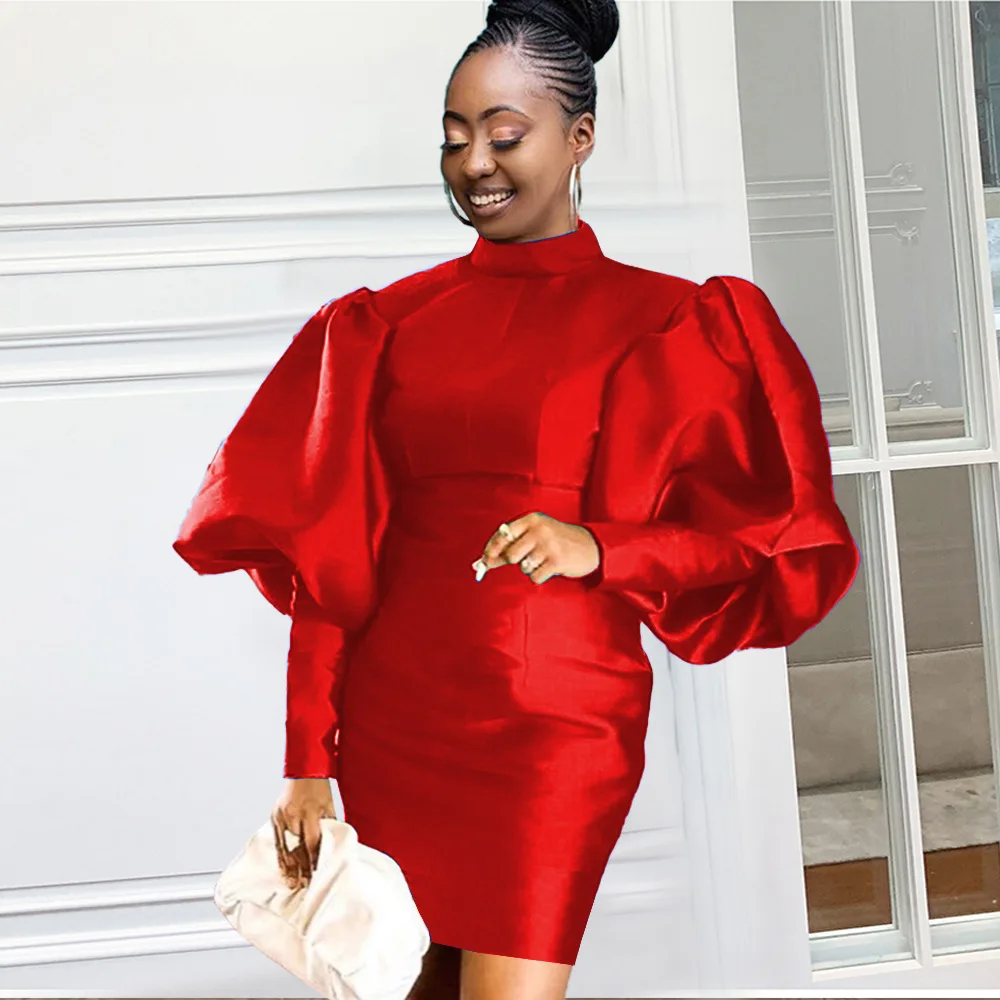 2022 Wholesale New Fashion African dress Fall Long Lantern High Collar Shiny Christmas African Women Casual Dress