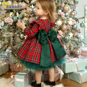 New Holiday Children's Clothing Girls' Plaid Long Sleeve Dress Christmas Big Bow Mesh Princess Dress