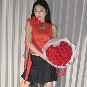 2023 Women Clothing Sleeveless Design 3D Flower Perspective Mesh Gauze Slim T-shirt Woman