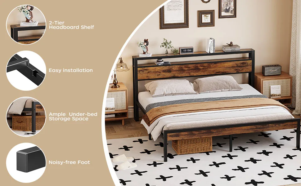product king size bed frame luxury modern design strong metal platform bed frame with walnut mdf headboard for apartment use-5