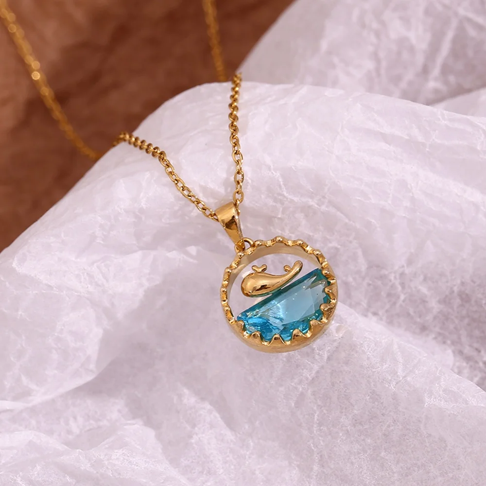 Summer Jewelry 2024 Hollow Dainty Whale Blue Zircon Sea Pendant Necklace  Gold Plated Stainless Steel Jewelry