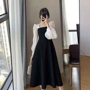 Long - Sleeved French-style Dress Waist - Cinching New Design A-line Dress Square-cut Collar Super Large Pendulum Dresses