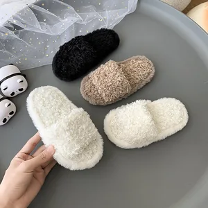 Wholesale Plain Colors Non-slip Slides Plush Women Bedroom Warm Kid Slipper with Open Toes