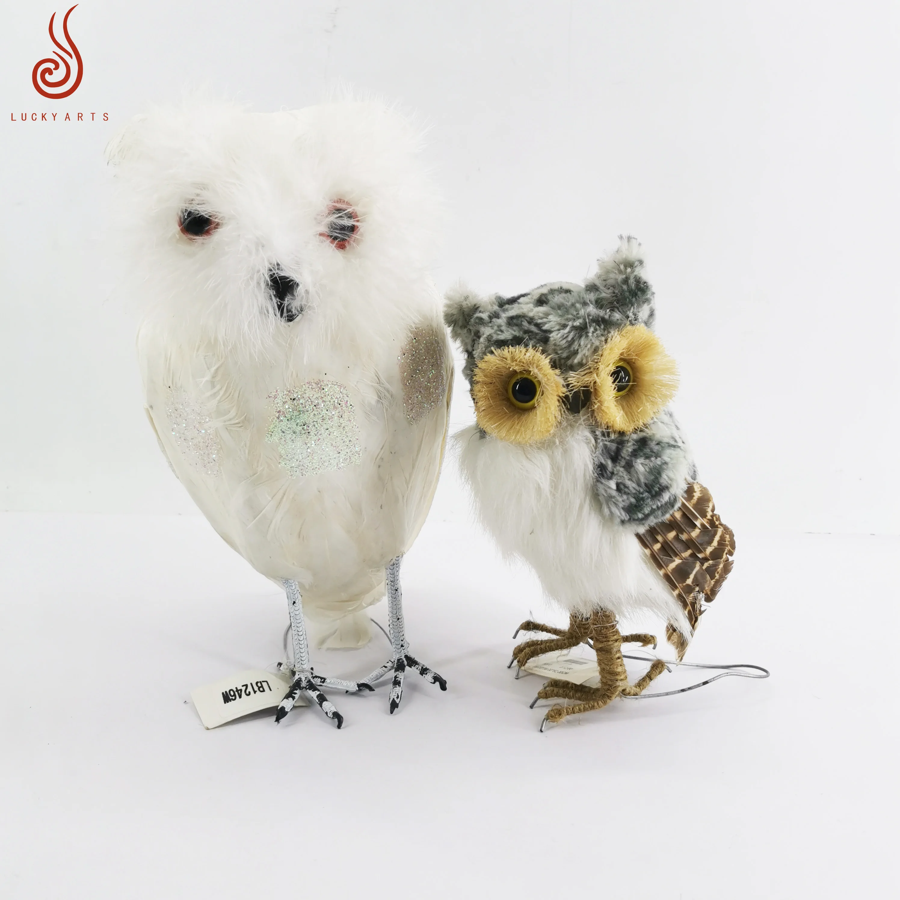 2024 White Color Fluffy Artificial Feather Bird Owl for Room Garden Christmas Gift