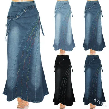 New arrival women's retro literary fan stitching big denim fishtail denim skirt for women