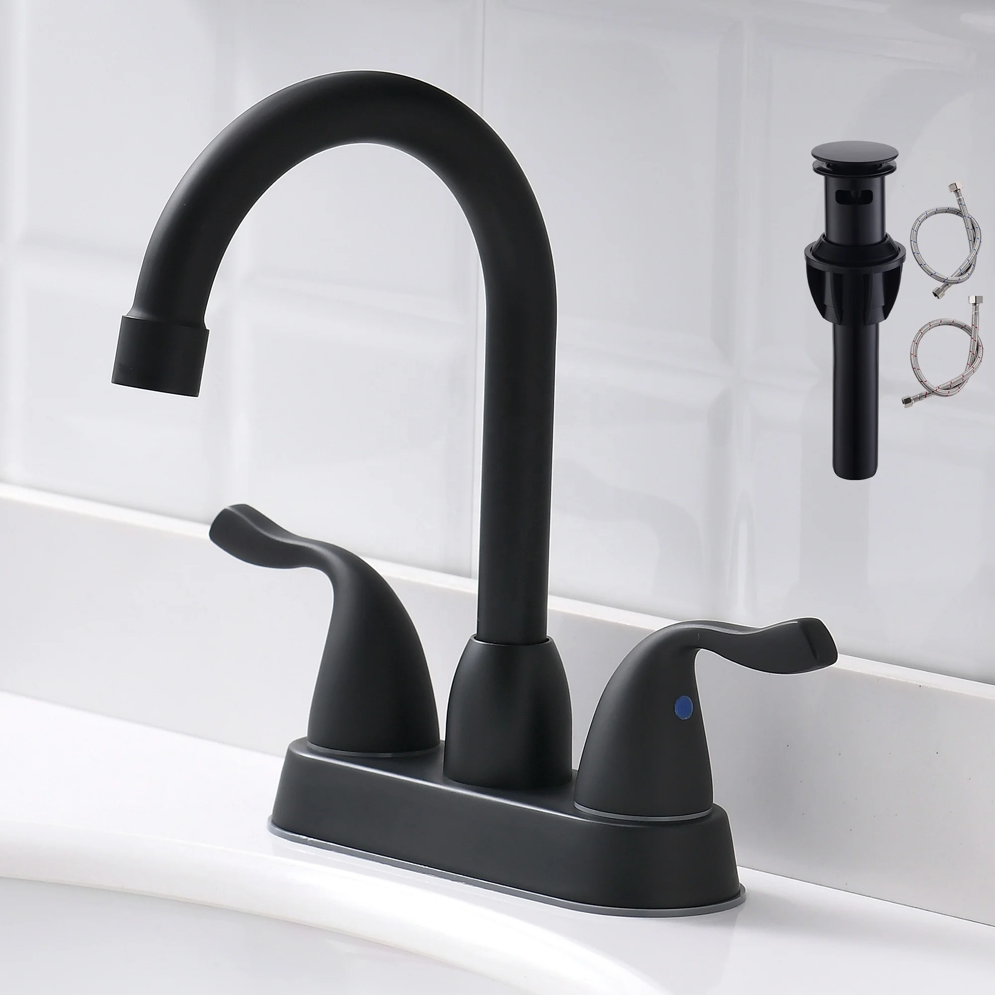 Matte Black 4 Inch Centerset Bathroom Faucet Dual Handle 360 Swivel Spout Basin Mixer Tap with Pop-up Drain and Supply Lines