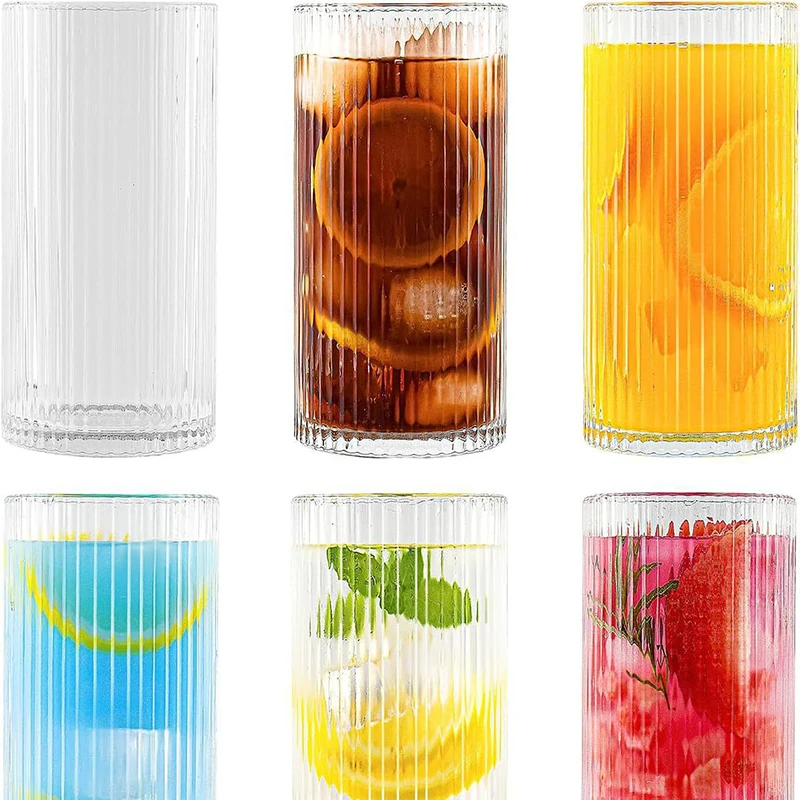 Hot Sale 12oz Ribbed Vertical Striped Glasses With Bamboo Lids And