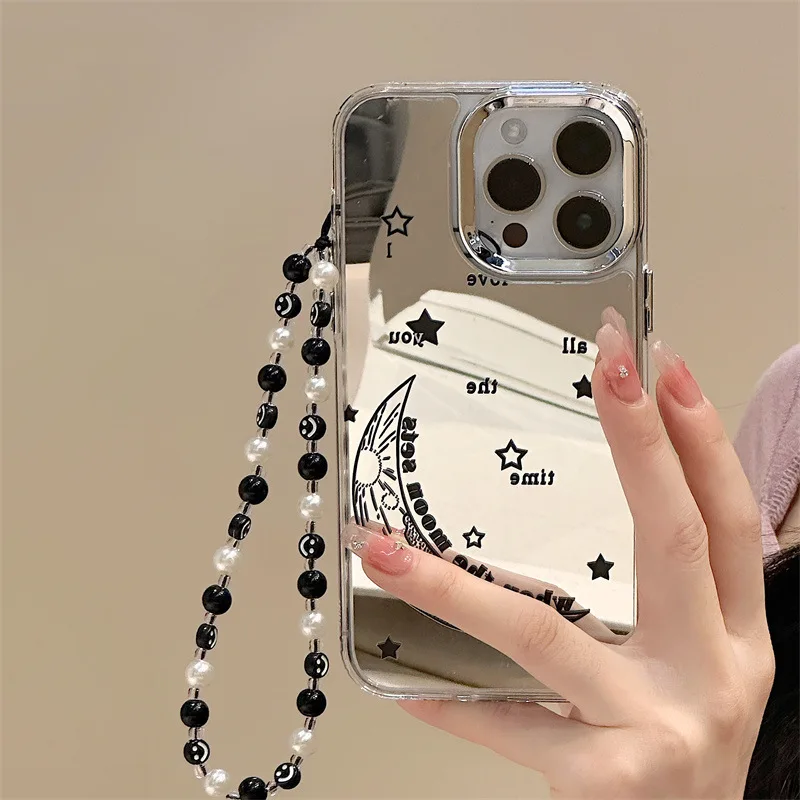 Hot selling bow love star moon pattern mirror phone case with pearl bracelet factory