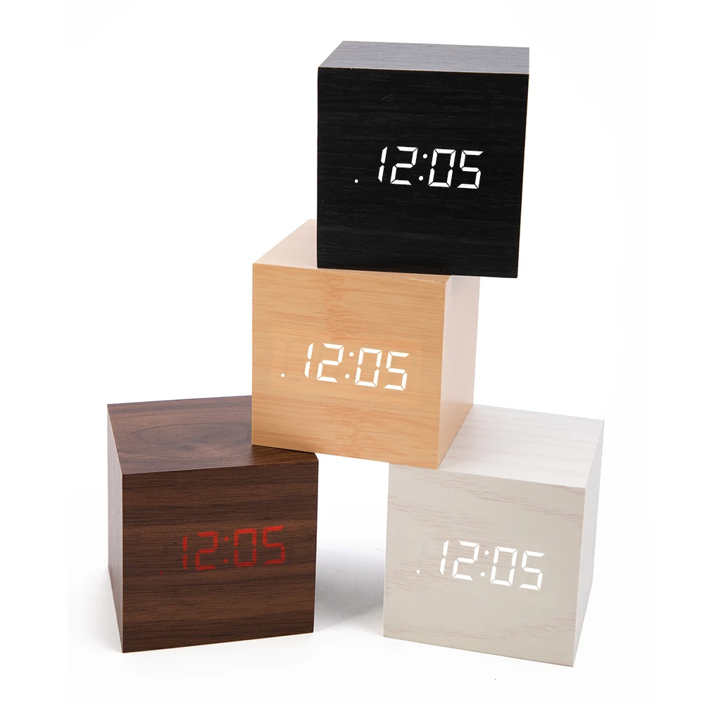 RTS Display Time Temperature LED Digital Desk Clock Adjustable Wooden Alarm Clock