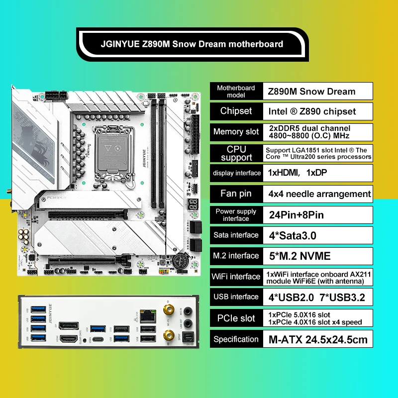 JGINYUE Z890M Snow Dream - AI Gaming PC Motherboard with DDR5
