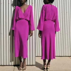 1474 High Quality Purple Fashion Ruffle Deep V Neck Elegant Long Sleeve Loose Slim Maxi Ladies Clubwear Dresses
