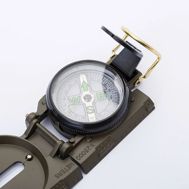 Army Green Waterproof Pocket Lensatic Compass with Prismatic Sighting Multifunctional Folding ABS Dial Display Metal Pointer
