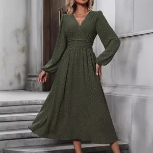 2026 Women's Autumn and Winter New Mid Wool Ball Slant Collar Lantern Sleeve Ruffle Waist Dress