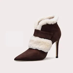 Winter Warm Short Boots Elegant Pointed Toe Fashion Designer Zipper Thin High Heel Ankle Boot Lady Shoes