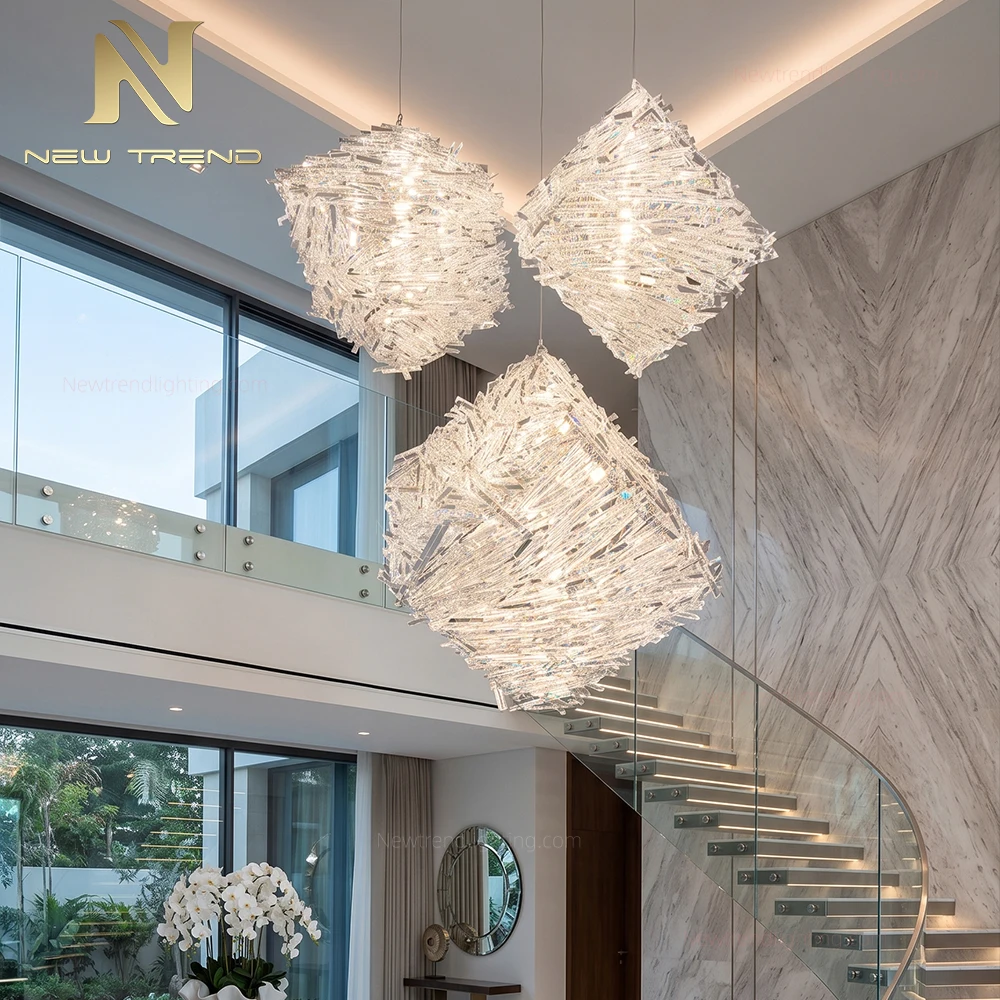 CPL-512 Custom Cascading Crystal Chandelier: Luxury Bespoke LED Staircase Lighting Manufacturer for High-End Villas