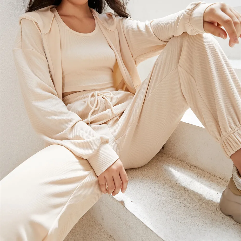 Zip up Drop Shoulder Drawstring Hoodie and Sweat Pant Set Women s Clothing Manufacturer OEM