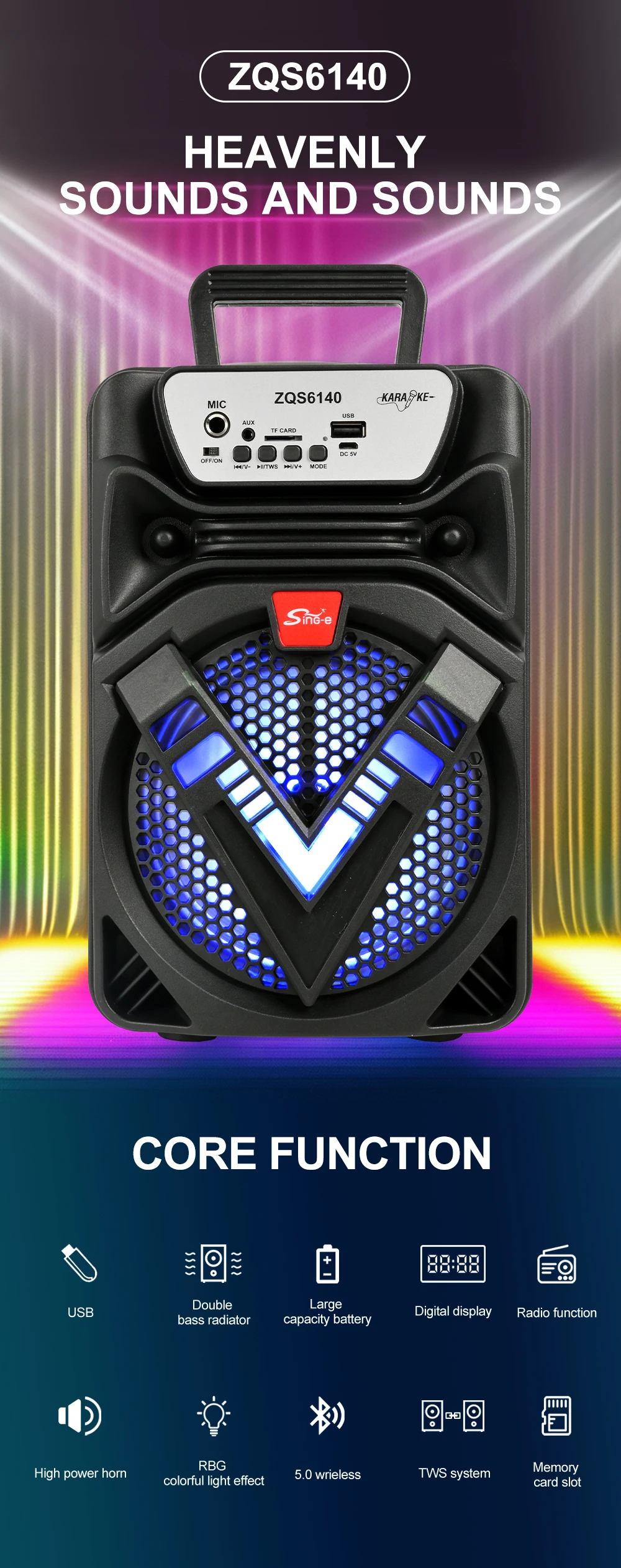 SING-E ZQS6140 Portable Wireless Party Speaker with Microphone