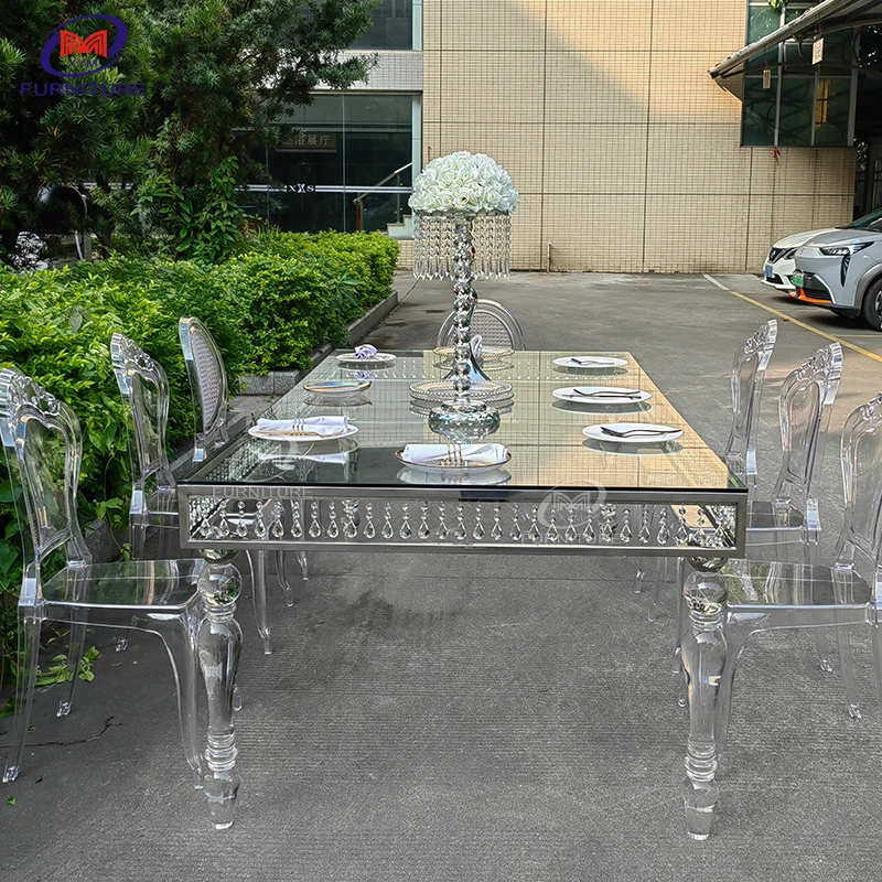 Transparency Rectangular Stainless Steel Frame Wedding Acrylic Banquet clear Dining Table with Leg for Wedding