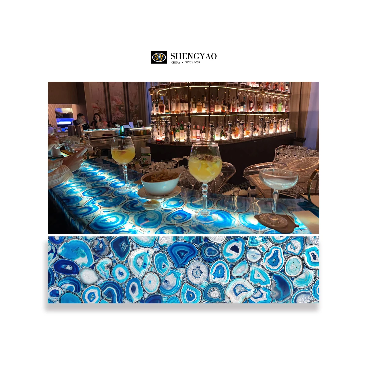 Natural Luxury LED Translucent Semi Precious Stone Backlit Blue Agate Bar Counter Top