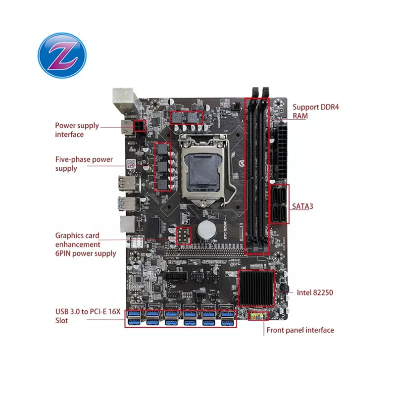 12gpu B250 профессиональная материнская плата 12 Gpu Pcie видеокарты материнская плата I3/i5/i7 Lga 1151 материнская плата