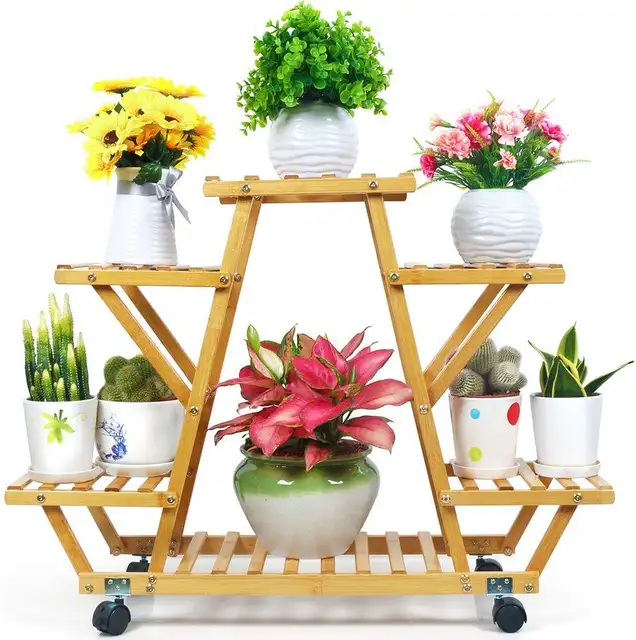 Patio Triangle Plant Stand Indoor Bamboo Outdoor Tiered Plant Shelf 3 Tier 8 Potted Flower Holder Ladder Plant Rack