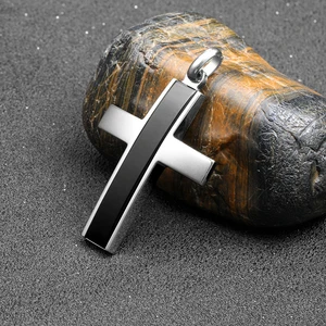 Black Onyx Inlay Two-Tone Necklace Jewelry Stylish 316L Stainless Steel Cross Pendant for Men