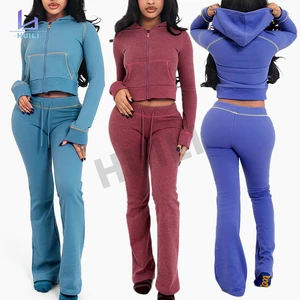 Huili Custom LOGO Solid Color Waffle Tracksuit Thick Heavyweight Zip up Two Piece Flared Sweatpants Crop Top Hoody Set for Women