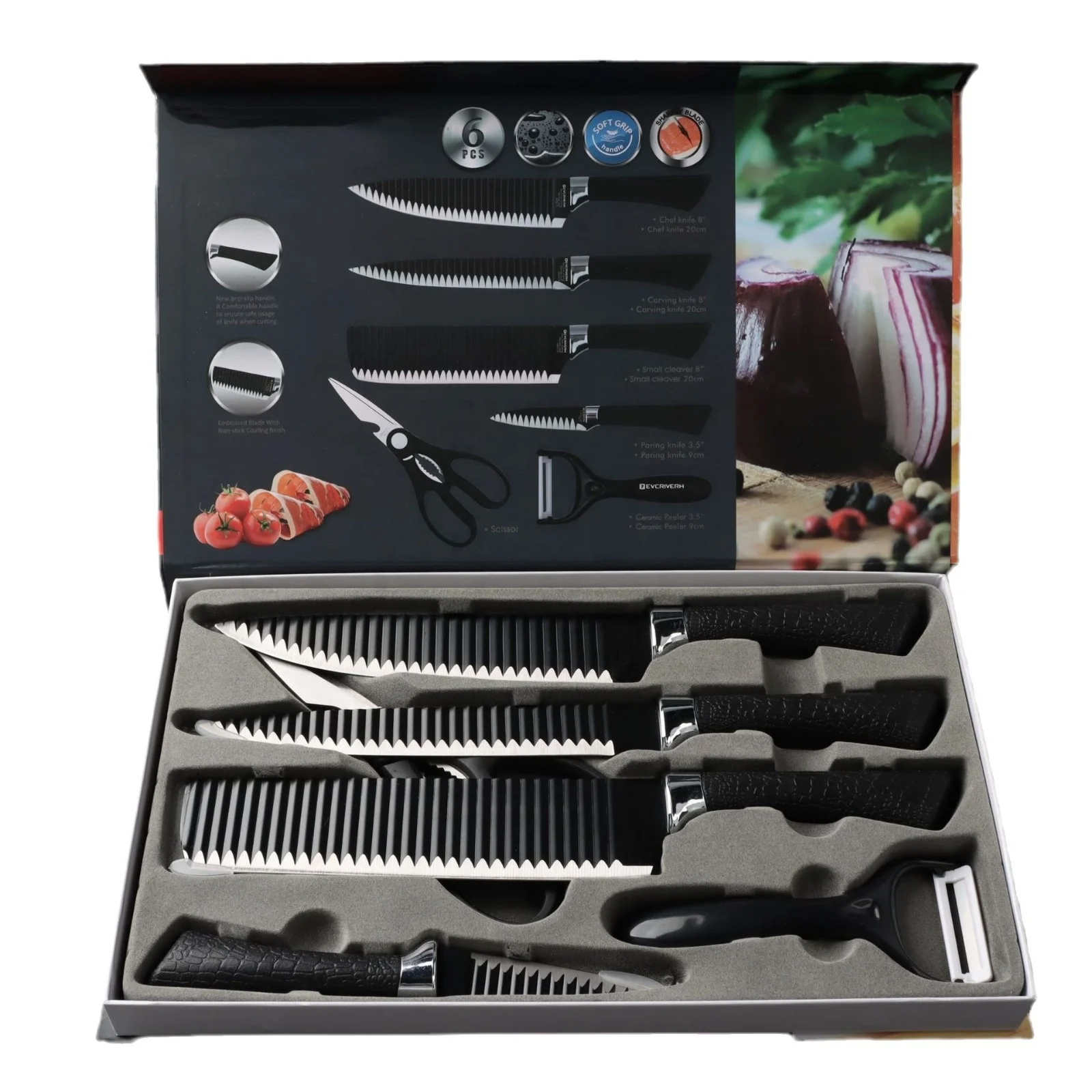 Premium Gift Knives 6 pcs Stainless Steel Kitchen Knife Set with Plastic Handle Chef Knife Peeler Scissors for Home Restaurant