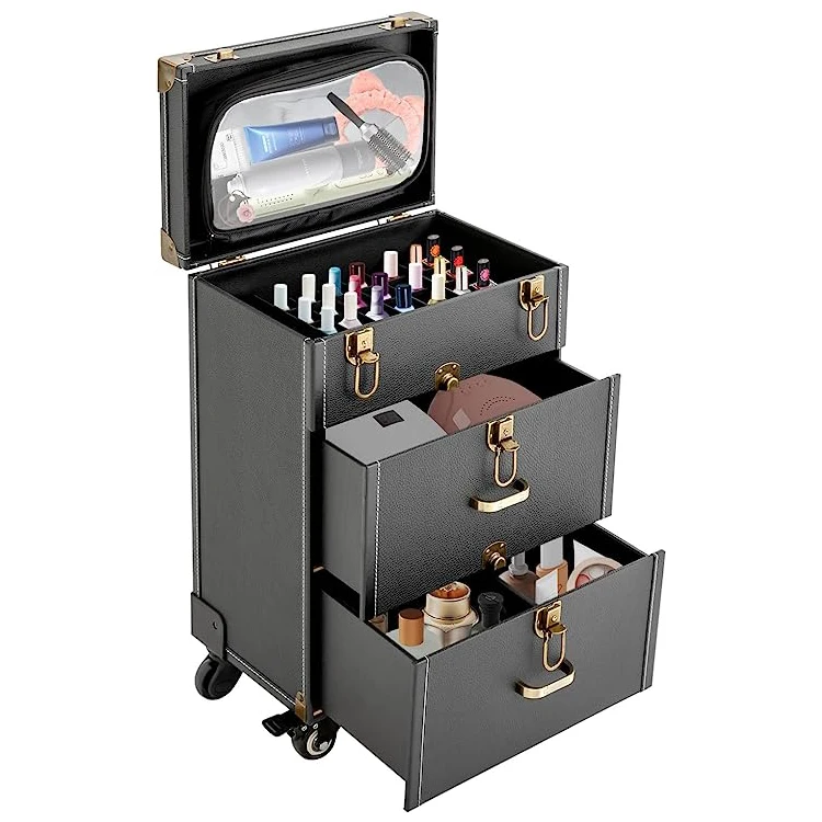 Fashion Design Leather 3 In 1 Trolley Makeup Organizer Case Large
