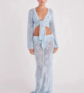 STOCK Two Colors Knitted Women's Two Pieces Set Long Sleeve Crop Top and Skirt Set Hollow Out Beachwear Cover Ups S-L