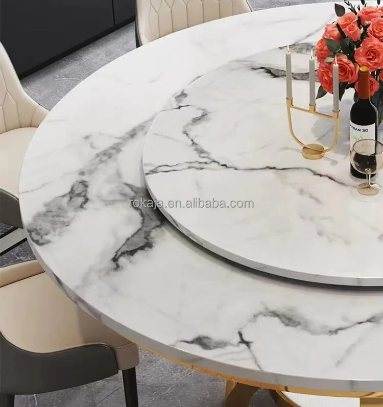 Luxury Round Dining Room Table Gold Stainless Steel Base Marble Top ...