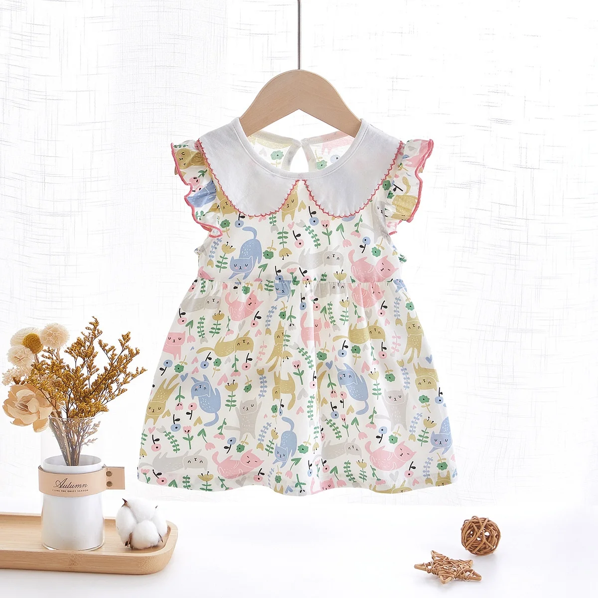 Summer Casual Princess Dress for Girls Baby Short Sleeve Breathable  Sweat-Absorbent Cartoon Pattern Kid Girl Dress Cotton