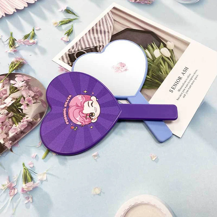 Plastic Heart Shaped Travel Handheld Cosmetic Mirror with Handle Custom Logo