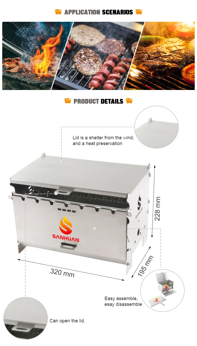 CLOPAE Camping Grill Folding Barbecue Charcoal Barbecue Picnic Grill Stainless Steel Portable Camping Grill Removable BBQ Grills For Outdoor Garden Party Picnic For 1-2 People (21 X 16 X 12 Cm