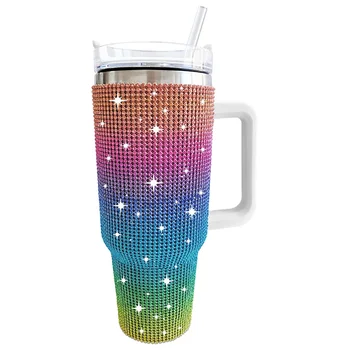 Sparkly Cow Printed Rhinestone Tumbler Cup With Handle 40 Oz Stainless Steel Insulated Vacuum Tumbler Mug with Straw For Women