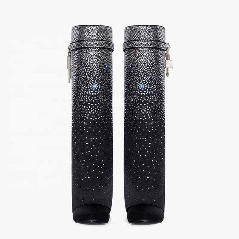 Lock Shark Wedge Heels Overlay Long Boots Knee High Booties Women Round Toe Bling Diamonds Pants Shoes for Lady