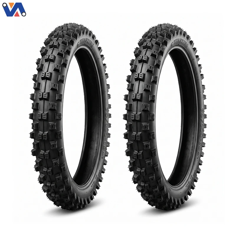 Two identical 70/100-19 dirt bike tires shown together to display the matching block tread