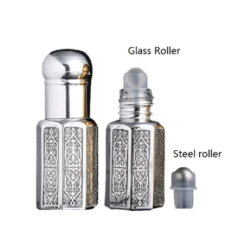 3ml 6ml 12ml Luxury Empty Glass Essential Oil Roll on Bottle Round Silver Gold Black Lid Glass Steel Bead Roller Perfume Vials