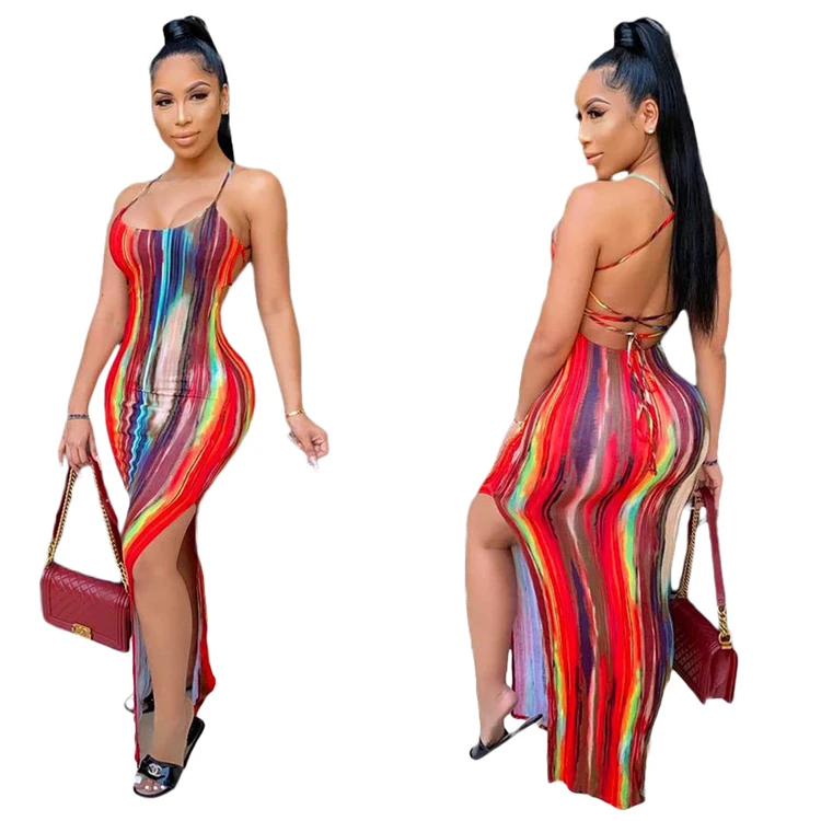 2021 Fashion Female Maxi Strap Dress Backless Tie Dye Summer Women Party Long Tight Dresses