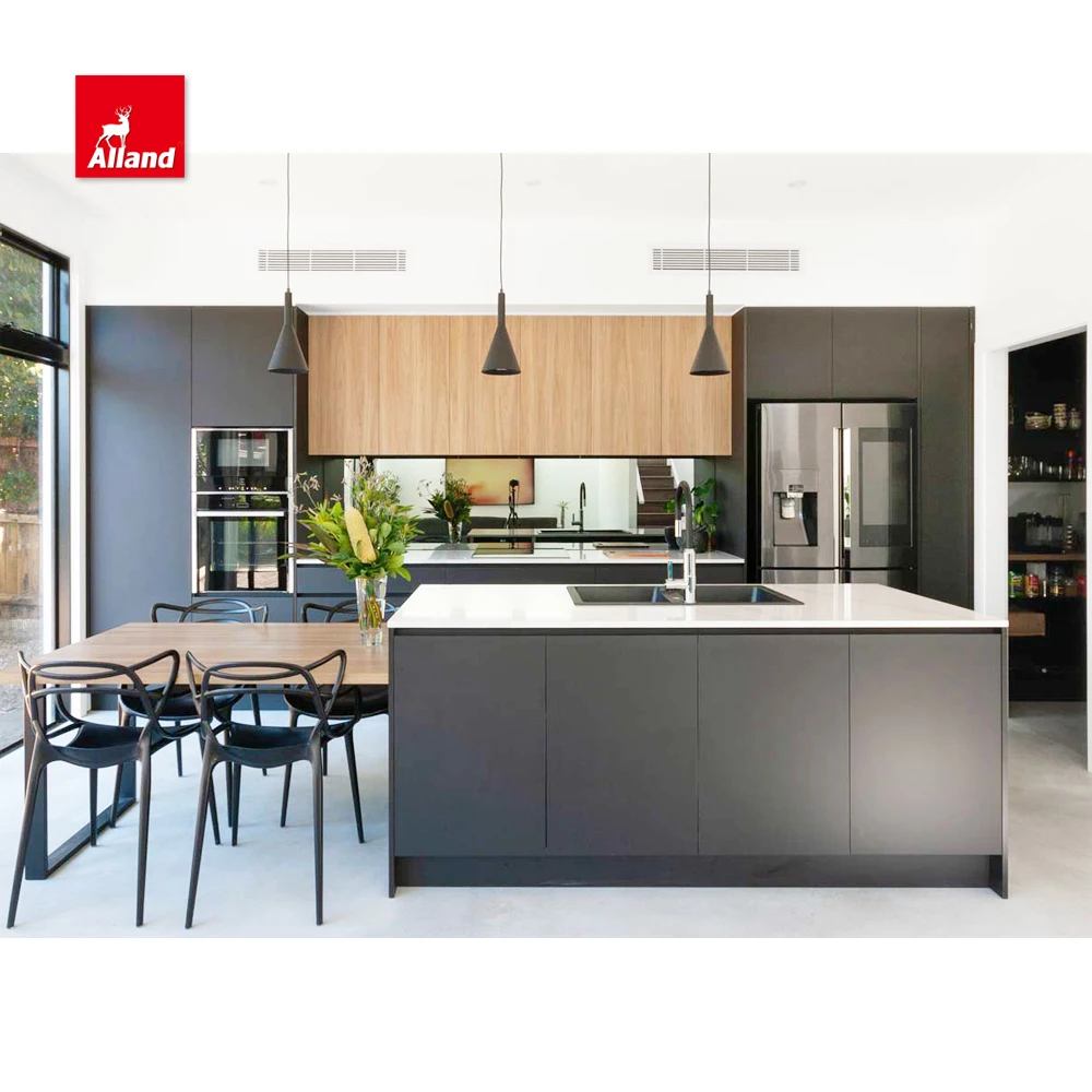 Modern Design Matte Lacquer MDF Flat Panel Two Tone Kitchen Cabinets with Island Made in China