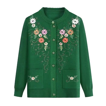 Direct Factory Wholesale Oversized Women's Knit Sweater Geometric Embroidery Cardigan Cozy Crew Neck Layering Long Length