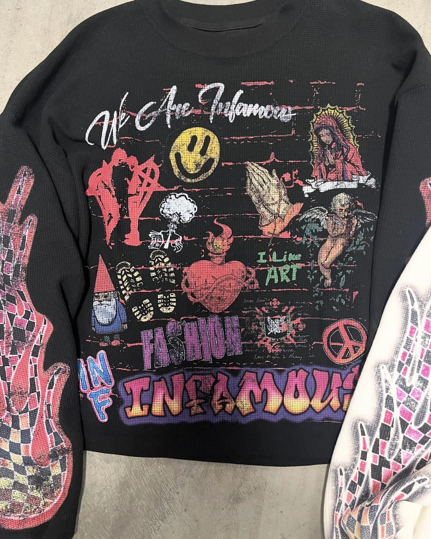 Salati Custom Wholesale Longsleeve Screen Printed Graffiti T-shirt Waffle Knitted Tee Oversized Thermal Long Sleeve T Shirts Men gallery 7