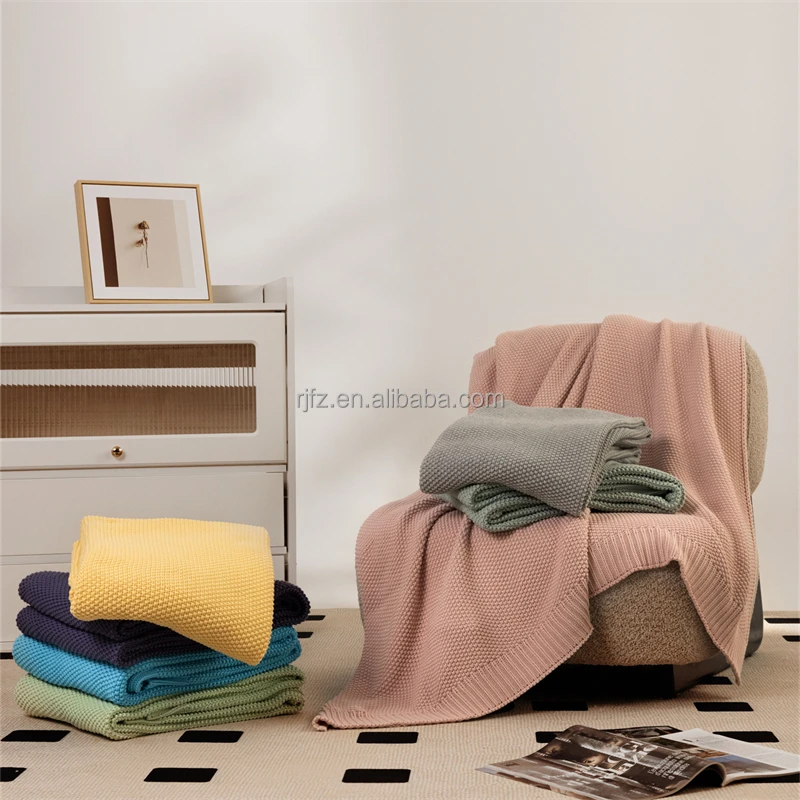 2024 New Style Supper Soft Warm Comfortable Breathable Adults Kids-friend Solid 100% Cotton Knitted Throw Blanket AY details