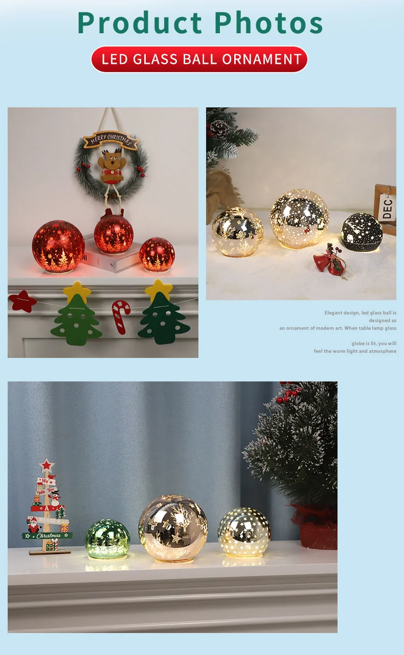 Factory wholesale battery operated laser engraving led glass Christmas ball ornaments crafts details