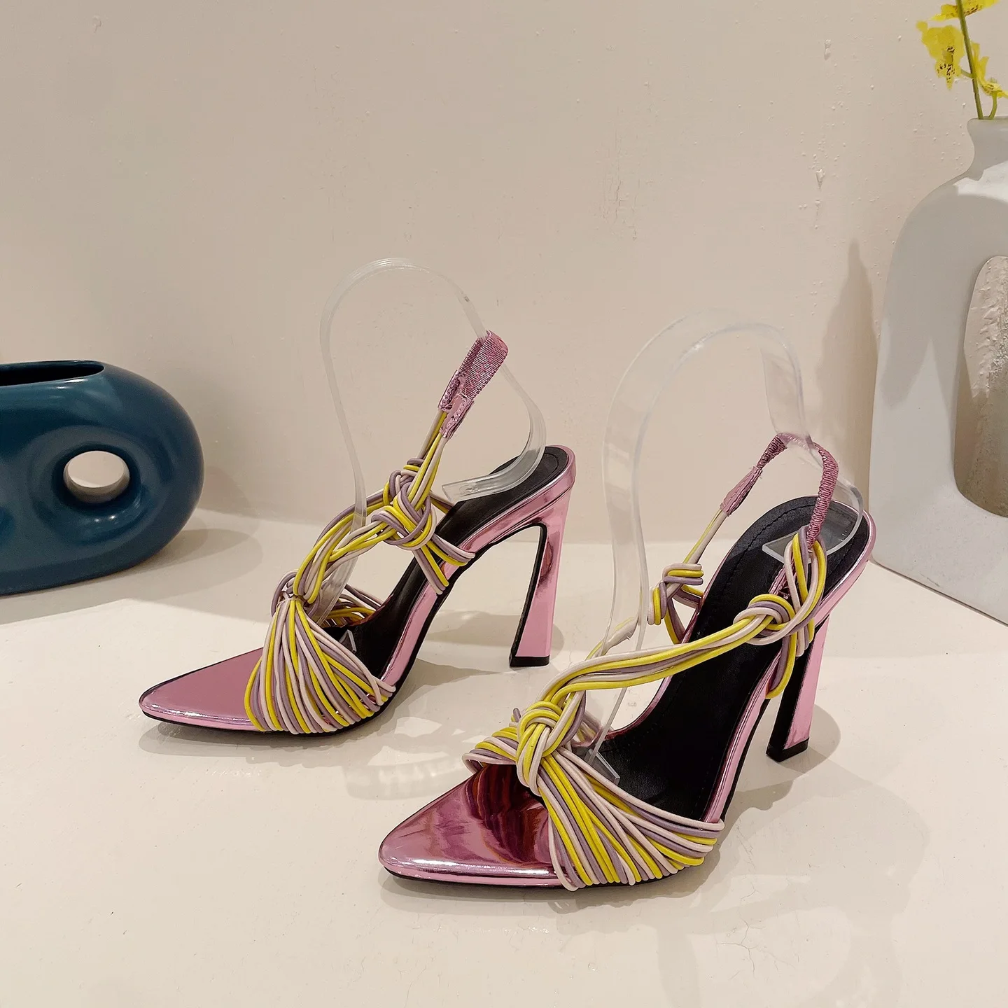 Fashionable Design New Pointed Toe Colorful Elegant Stretch Fabric Branded Special Heel Stiletto Roman Sandals For Women - Image 5