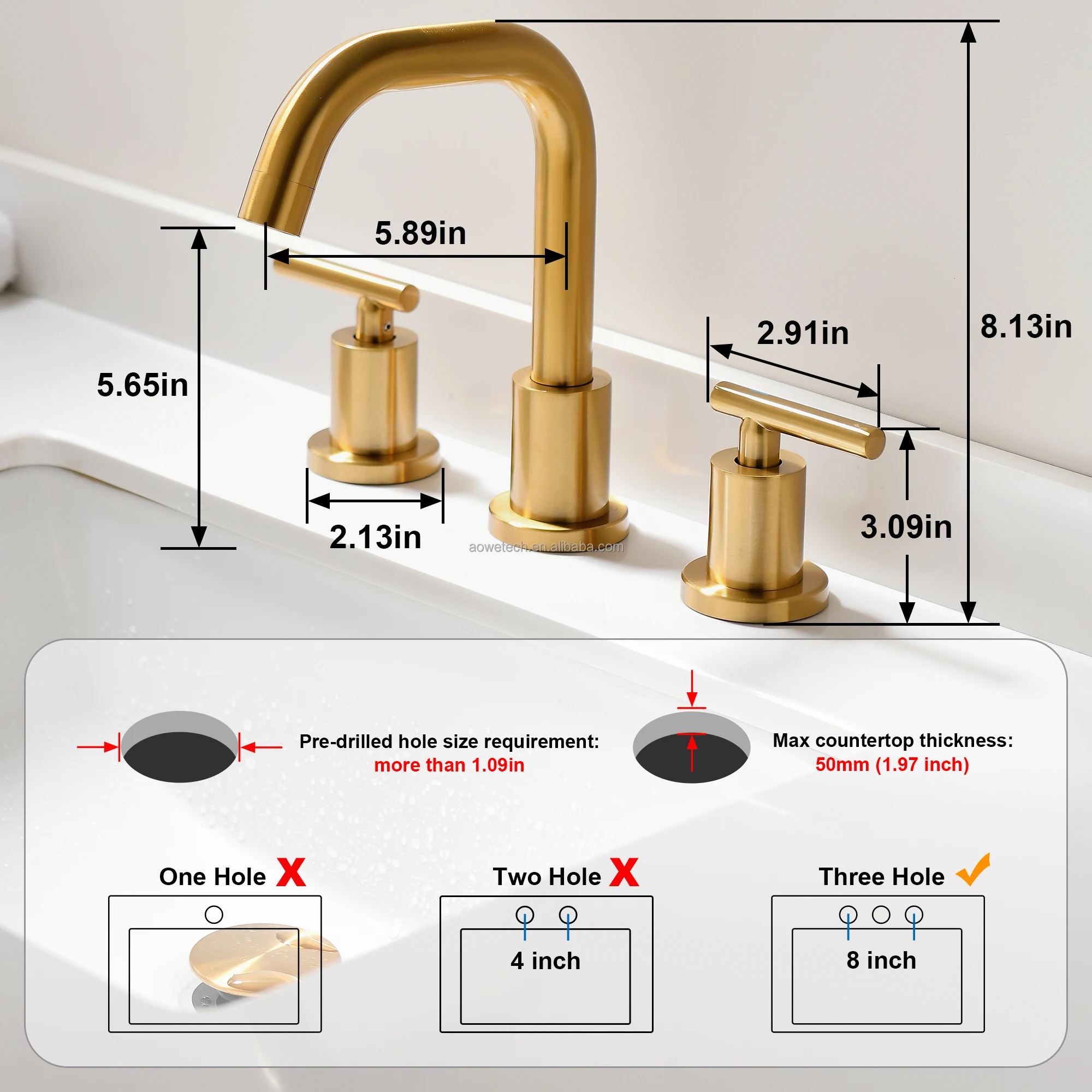 Modern Brushed Gold 3 Hole Widespread Bathroom Sink Faucet Dual Handle High Arch Goose Neck Mixer Tap for 8 Inch Lavatory