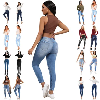 Best-selling jeans Slim fit elastic high-waisted jeans Broken jeans ladies pants plus size