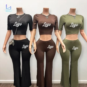 Huili Manufacturer Short Sleeve Skinny Crop t Shirt Skirt 2 Piece Slim Fit Solid Color Custom logo Women Loungewear Sets