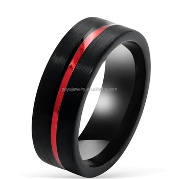 POYA 8mm Red Strip Flat Top Black Tungsten Ring Wedding Band for Men Engagement Ring